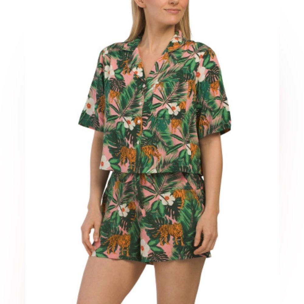 Cynthia Rowley M-L Green Orange Tropical Jungle Tiger Cropped Top & Short PJ Set - Picture 1 of 16